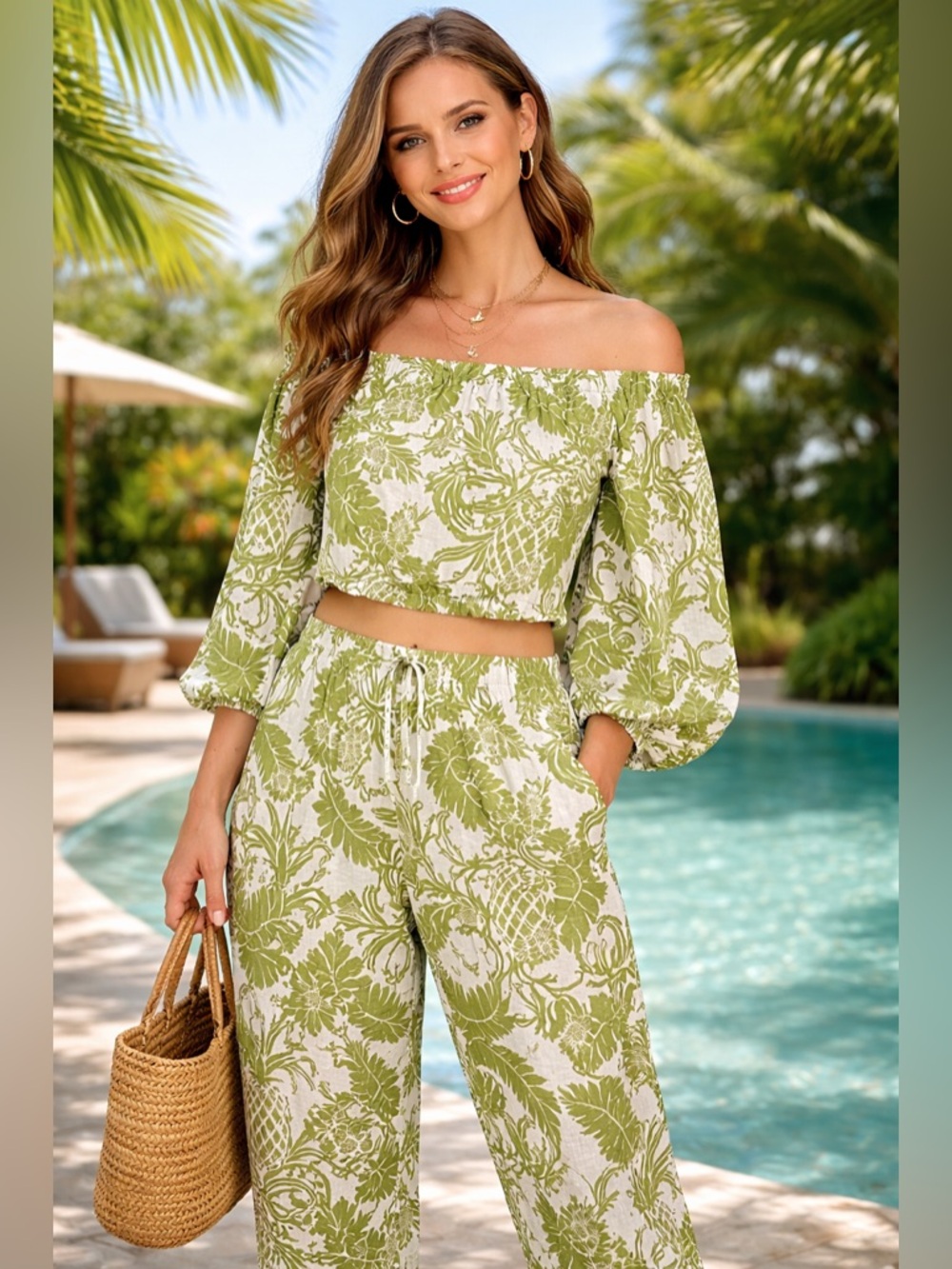 Rachel Zoe Green & White Off-Shoulder Floral Track Set